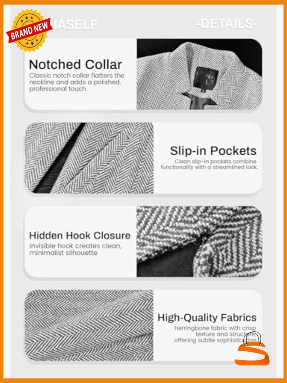 Herringbone Tweed Blazer Jacket - Fully Lined Open Front Work Office Coat with - Picture 6 of 7